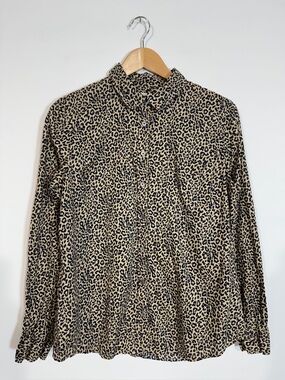WSH69 {J. Crew} Brown Navy Blue Cheetah Animal Print Long Sleeve Button Down Top